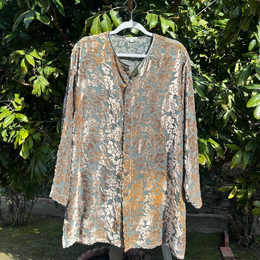 DOSA teal tan brown floral burnout velvet silk rayon long sleeve button up tunic